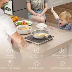 Spishällar-Induktionshäll portabel 1 zon – 2000 W, 10 effekt/temperatur, timer, barnlås, svart