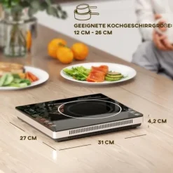 Induktionshäll portabel 1 zon – 2000 W, 10 effekt/temperatur, timer, barnlås, svart