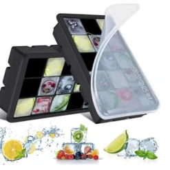 Isformar-Isbitsform silikon, lätt att släppa, 15 isbitar, form med mycket transparent lock för whisky, mjölkte, svart