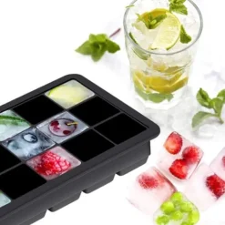 Isformar-Isbitsform silikon, lätt att släppa, 15 isbitar, form med mycket transparent lock för whisky, mjölkte, svart