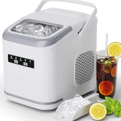 Ismaskiner-Isbitsmaskin - Bordsmodell - Kapacitet 12 kg/24 h - Snabb: 9 isbitar på 6 min - Två storlekar - Vattentank & isskopa - Vit