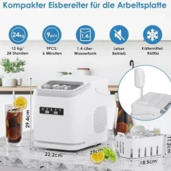 Ismaskiner-Isbitsmaskin - Bordsmodell - Kapacitet 12 kg/24 h - Snabb: 9 isbitar på 6 min - Två storlekar - Vattentank & isskopa - Vit
