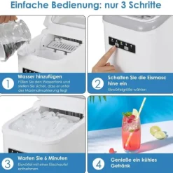Ismaskiner-Isbitsmaskin - Bordsmodell - Kapacitet 12 kg/24 h - Snabb: 9 isbitar på 6 min - Två storlekar - Vattentank & isskopa - Vit