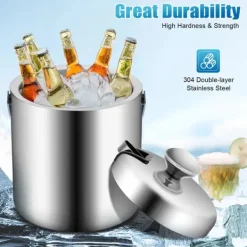 Ishink & Kylare-Ishink - Dubbelvägg i 304 rostfritt stål - 1,3 l - Med lock och handtag - 14 x 22,5 cm - För vin & champagne - Silver