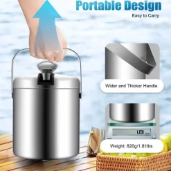 Ishink & Kylare-Ishink - Dubbelvägg i 304 rostfritt stål - 1,3 l - Med lock och handtag - 14 x 22,5 cm - För vin & champagne - Silver