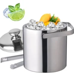 Ishink, 1,3 L dubbelväggad isolerad, rostfritt stål, silver, med is-tång och lock