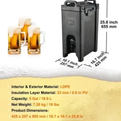 Dryckesautomater-Isolerad dryckesdispenser, 5 gallon, livsmedelsklassad LDPE, varm/kall dryck, termisk kylare, tvåstegs kranhandtag.