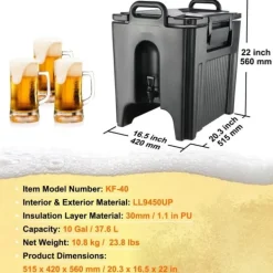 Dryckvärmare-Isolerad dryckesdispenser, 10 gallon, livsmedelsklassad LL9450UP för varma/kalla drycker, termisk med tvåstegs kranhandtag.