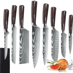 Japanskt köksknivset 8 delar, ultraskarpt högkolstål, ergonomiskt trähandtag, korrosionsbeständiga blad, 8 delar