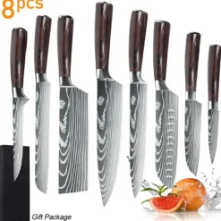 Japanskt köksknivset 8 delar, ultraskarpt högkolstål, ergonomiskt trähandtag, korrosionsbeständiga blad, 8 delar