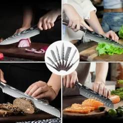 Japanskt köksknivset 8 delar, ultraskarpt högkolstål, ergonomiskt trähandtag, korrosionsbeständiga blad, 8 delar