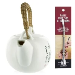 Kaffe- & Tekannor-Jiangxi lergods tekanna 1 liter + sugrör i rostfritt stål med filter