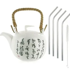 Kaffe- & Tekannor-Jiangxi tekanna i lergods 1 liter + 4 sugrör i rostfritt stål