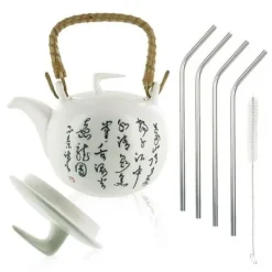 Kaffe- & Tekannor-Jiangxi tekanna i lergods 1 liter + 4 sugrör i rostfritt stål