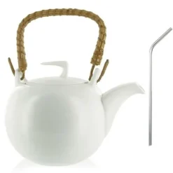 Kaffe- & Tekannor-Jiangxi tekanna i lergods 1 liter + 4 sugrör i rostfritt stål