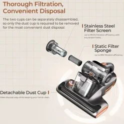 Handdammsugare-JIGOO T600 madrassdammsugare, 15kPa sug, 99,99% borttagning av dammkvalster, UV-C+ värme, dubbla koppar, LED-display, aromdiffusor