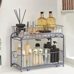 Justerbar hylla med utdragbara lådor i metall – 2 nivåer, stapelbar