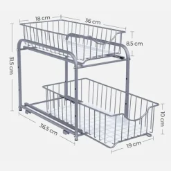 Justerbar hylla med utdragbara lådor i metall – 2 nivåer, stapelbar