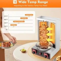Kebab- och gyrosgrill - Elektriskt vertikalt rotisseri - 3000 W 220 V - 2 värmeelement - 360° rotation - 12 kg kapacitet - Rostfritt stål - Grå