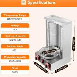 Kebab- och gyrosgrill - Elektriskt vertikalt rotisseri - 3000 W 220 V - 2 värmeelement - 360° rotation - 12 kg kapacitet - Rostfritt stål - Grå