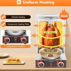 Kebab- och gyrosgrill - Elektriskt vertikalt rotisseri - 3000 W 220 V - 2 värmeelement - 360° rotation - 12 kg kapacitet - Rostfritt stål - Grå