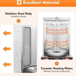 Kebab- och gyrosgrill - Elektriskt vertikalt rotisseri - 3000 W 220 V - 2 värmeelement - 360° rotation - 12 kg kapacitet - Rostfritt stål - Grå