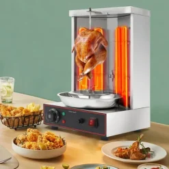 Kebab-/Gyrosgrill - Elektrisk Vertikal Rotisseri - 3000W - 2 Brännare - 50–300°C - 220V - 10 kg Kapacitet - Rostfritt Stål 201