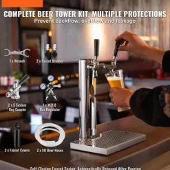 Kegerator Tornkit, Dubbelkranar Ölförvandlingskit, Rostfritt Stål Öltappstorn med Dubbeltryckmätare W21.8 Regulator & S-System Fat