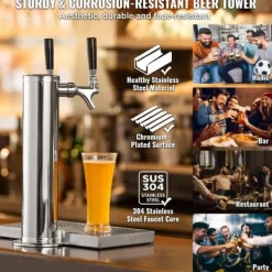 Kegerator Tornkit, Dubbelkranar Ölförvandlingskit, Rostfritt Stål Öltappstorn med Dubbeltryckmätare W21.8 Regulator & S-System Fat