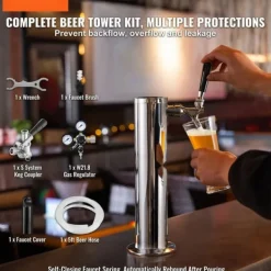 Kegerator Tower Kit, Enkelt Tap Beer Konverteringskit, Rostfritt Stål Keg Beer Tower Dispenser med Dual Gauge W21.8 Regulator & S-System Keg