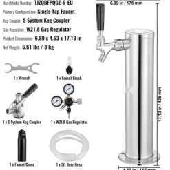 Kegerator Tower Kit, Enkelt Tap Beer Konverteringskit, Rostfritt Stål Keg Beer Tower Dispenser med Dual Gauge W21.8 Regulator & S-System Keg