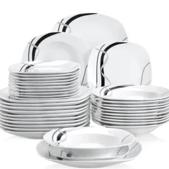 Köks Servis Set, Porslin Keramik, Svart Linje Design, 36-DELAR