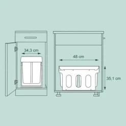 Källsorteringskärl-Köksavfallshink, Inbyggd dubbel avfallshink, 35x34x48 cm, Grå