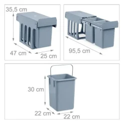 Köksavfallshink, Inbyggd 2-facks soptunna, 35,5x25x47 cm, Grå
