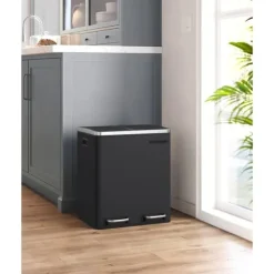 Soptunnor & Papperskorgar-Köksavfallstunna, 2 x 15 L stålavfallstunna, trappstegstunna med innerhinkar och handtag, mjuk stängning, lukttätning, svart LTB30BK