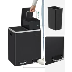 Soptunnor & Papperskorgar-Köksavfallstunna, 2 x 15 L stålavfallstunna, trappstegstunna med innerhinkar och handtag, mjuk stängning, lukttätning, svart LTB30BK