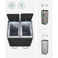 Soptunnor & Papperskorgar-Köksavfallstunna, 2 x 15 L stålavfallstunna, trappstegstunna med innerhinkar och handtag, mjuk stängning, lukttätning, svart LTB30BK