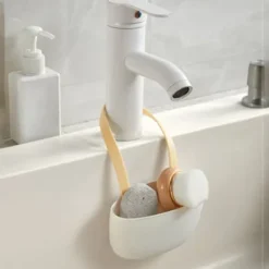 Diskhokorgar-Köksavloppsställ Hängande korg med avloppshål Stor kapacitet Mjuk flexibel diskbänk avloppskorg Hängpåse Gul och vit