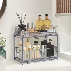 Köksorganisatör, 2 utdragbara lådor för skåp, stapelbar lådorganisatör, för kök, badrum, silver KCS017E01