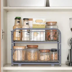Köksorganisatör, 2 utdragbara lådor för skåp, stapelbar lådorganisatör, för kök, badrum, silver KCS017E01