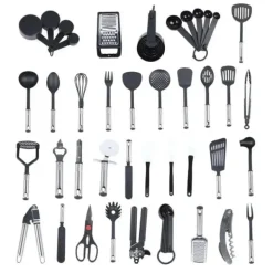 Köksutrustningsset-Köksredskapssats - 40 delar - Nylon & rostfritt stål - Värmebeständig - Skonsam mot non-stick - Hängbar design - Svart