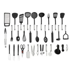 Köksutrustningsset-Köksredskapssats - 40 delar - Nylon & rostfritt stål - Värmebeständig - Skonsam mot non-stick - Hängbar design - Svart