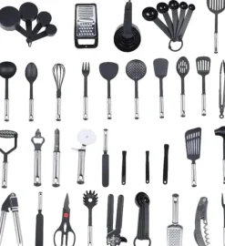 Köksredskapsset, 40 delar, hållbar nylon och rostfritt stål,svart