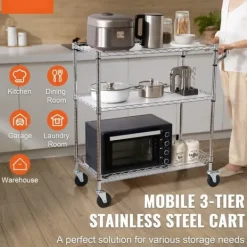 Köksredskapsvagn, 3 våningar, 661 LBS kapacitet, stålservicevagn, metallförvaring med 6 krokar för inomhus/outdoor.