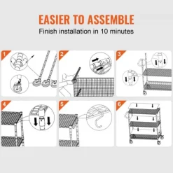 Köksredskapsvagn, 3 våningar, 661 LBS kapacitet, stålservicevagn, metallförvaring med 6 krokar för inomhus/outdoor.