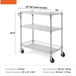 Köksredskapsvagn, 3 våningar, 661 LBS kapacitet, stålservicevagn, metallförvaring med 6 krokar för inomhus/outdoor.