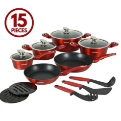 Köksutensilier 15 delar med marmorbeläggning Röd Herzberg HGMETRD15-RED