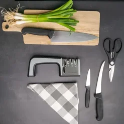 Knivslip i Svart 4-i-1 knivvässare i rostfritt stål för saxar och köksknivar Lämplig för stål och keramik för grov- och finslipning med halkfri