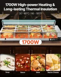Matuppvärmare-Kommersiell buffévärmare och matvärmare - Elektrisk bain-marie bänkmodell - Rostfritt stål - 1700 W - 12 pannor - Soppslev och perforerad slev