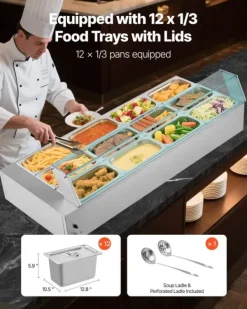 Matuppvärmare-Kommersiell buffévärmare och matvärmare - Elektrisk bain-marie bänkmodell - Rostfritt stål - 1700 W - 12 pannor - Soppslev och perforerad slev